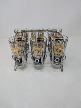 Vintage Set of 6 glasses Gold Black tumblers drinking bar squares MCM